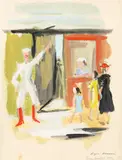 Intrarea la circ by Ligia (Lucia) Macovei, 1942, guașă pe hârtie, offered May 2024