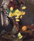 Natură statică cu ulcior cu tufănele și gutuie by Leon Biju, ulei pe carton, sold May 2024