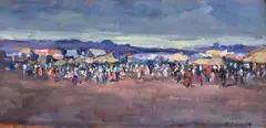 Târg by Pan Ioanid, ulei pe carton, sold May 2024