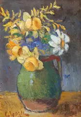 Vas cu gălbenele by Gheorghe Ionescu, ulei pe carton, sold May 2024