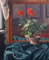 Cornel Minişan, Natură statică cu mușcate și oglindă, 1917, ulei pe pânză