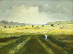 La câmp by Cornel Raţiu, ulei pe carton, sold May 2024
