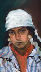 Chivuță cu mărgele roșii by Apostol Mănciulescu, ulei pe carton, offered May 2024