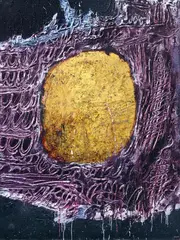 Composition en rouge et or by Horia Damian, 1960, acrilic și rășină pe pânză, sold May 2024