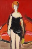 Vasile Grigore, Model pe canapea roșie, 1989, ulei pe pânză lipită pe carton
