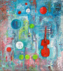 Florin Niculiu, Peisaj fantastic cu instrumente muzicale, 1973, ulei pe pfl