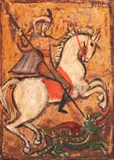 Sfântul Gheorghe omorând balaurul by Magdalena Rădulescu, ulei și foiță de aur pe hârtie lipită pe lemn, offered Apr 2024