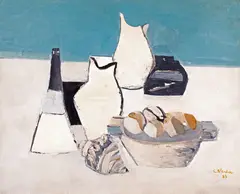 Natură statică cu vase și ghinde by Constantin Blendea, 1983, ulei pe pânză, offered Apr 2024