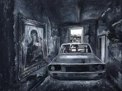 Paul Baraka Marat, Fecioara cu pruncul și Dacia 1300, 2020, ulei pe pânză