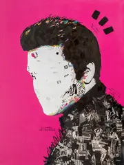 Ovidiu Solcan, Elvis, 2024, acrilic pe pânză, colaj din reviste reciclate, tăiate și lipite manual