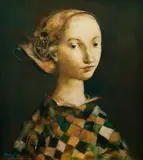 Georges Mazilu, Femme en robe à carreaux, 2024, acrilic pe pânză