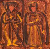 Rege și regină by Magdalena Rădulescu, ulei și foiță de aur pe hârtie lipită pe lemn, sold Apr 2024