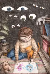 Alex Horghidan, Prietenii mei, monștrii, 2016, tuș, creion și creioane colorate pe hârtie