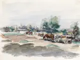 Ștefan Constantinescu, Târg la Hunedoara, acuarelă, creion și cărbune pe hârtie