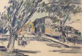 Henri Catargi, Stradă din Mangalia, acuarelă și cărbune pe hârtie