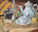 Natură statică cu ceainic și lămâie by Lucretia Mihail-Silion, ulei pe carton, offered Apr 2024