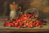 Petre Bărcănescu, Natură statică cu cireșe și vase din cristal, ulei pe carton