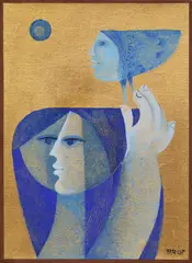 Samy Briss, L’oiseau a la lune, foiță de aur și guașă pe pânză