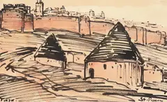 Peisaj marocan by Stefan Popescu, tuș și acuarelă pe hârtie, sold Apr 2024
