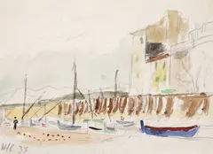 Henri Catargi, În port, 1937, creion și acuarelă pe hârtie