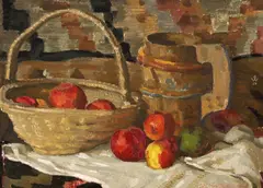 Vasile Varga, Natură statică cu mere și vase, ulei pe pânză