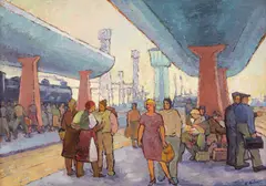 În gară by Carol Hübner, ulei pe carton, sold Apr 2024