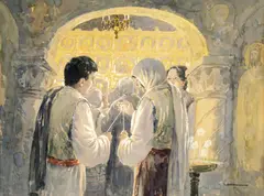 Slujba de Înviere by Ignat Bednarik, acuarelă pe carton, sold Apr 2024