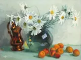 Natură statică cu caise și margarete by Constantin Isachie Popescu, anii '20, ulei pe carton, sold Apr 2024