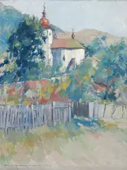 Biserica satului by Marin H. Georgescu, 1928, ulei pe carton, sold Apr 2024