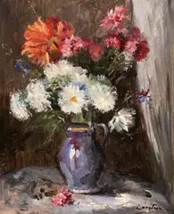 Crizanteme by Constion, ulei pe carton, sold Apr 2024