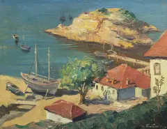Ivan Tabakov, Houses near the quay, oil on canvas