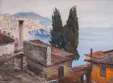 Boris Denev, View from Kavala, beginning of the '40s, oil paints on cardboard