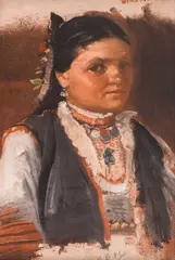 Bulgarian girl in traditional costume by Ivan Mrkvička, around 1890, oil on canvas laid on cardboard, offered Apr 2024