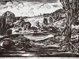 Evtim Tomov, Landscape with buffaloes, 1984, linocut