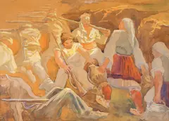 Ivan Tabakov, Battle in the trenches, watercolor and pencil on paper