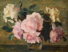 Pahar cu bujori by Stefan Popescu, 1918, ulei pe lemn, sold Mar 2024