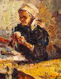 Ghemul de lână by Rudolf Schweitzer–Cumpăna, ulei pe carton, sold Mar 2024
