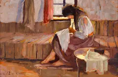 Cusătoreasă by Nicolae Enea, ulei pe carton, sold Mar 2024