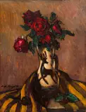Canceu cu trandafiri roșii by Leon Biju, ulei pe carton, sold Mar 2024