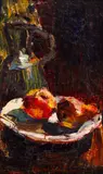 Natură statică cu pere și carafă by Rudolf Schweitzer–Cumpăna, ulei pe lemn, sold Mar 2024