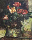 Vas cu trandafiri by Rudolf Schweitzer–Cumpăna, ulei pe carton, sold Mar 2024