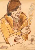 Theodor Pallady, La cafenea (doamna Popovici), acuarelă și cărbune pe hârtie lipită pe carton