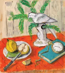 Natură statică cu porumbel și ceas de buzunar by Theodor Pallady, ulei pe hârtie lipită pe carton, sold Mar 2024