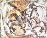Cai la circ by Magdalena Rădulescu, 1977, ulei pe placaj, offered Mar 2024
