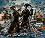 Menaru și Menan by Wanda Sachelarie Vladimirescu, 1950, tempera pe sticlă, sold Mar 2024