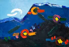 Munte cu flori by Ion Mirea, ulei pe carton, sold Mar 2024