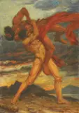Bela Čikoš Sesija, Heracles and Antaeus, 1925., oil on canvas pasted on board