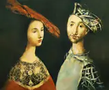 Les fiancés by Georges Mazilu, 2019, acrilic pe pânză, sold Feb 2024