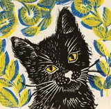 Alex Horghidan, Pisica neagră, 2021, linogravură și acrilic pe carton