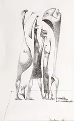 Se vorbește pe rând by Jules Perahim, 1966, pix pe hârtie, sold Feb 2024